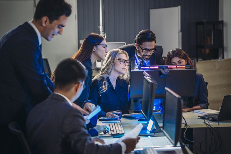 Professionals collaborate in  tech environment. Senior members coaching, mentoring, guiding colleagues through data analytics and software development. Knowledge sharing, leadership, technical growth