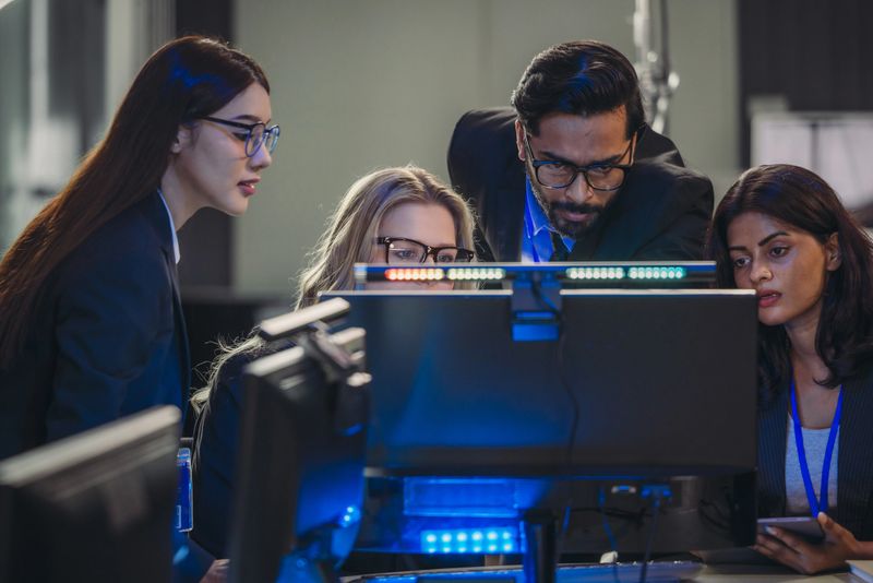 Professionals collaborate in  tech environment. Senior members coaching, mentoring, guiding colleagues through data analytics and software development. Knowledge sharing, leadership, technical growth