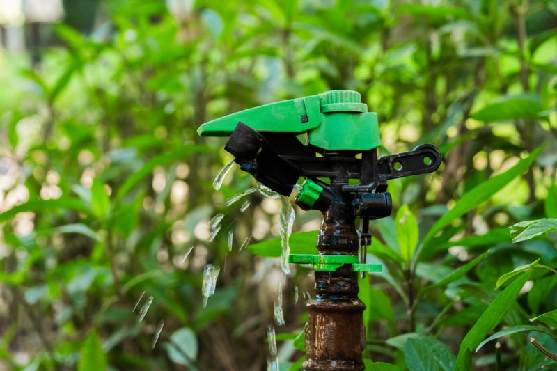 A green sprinkler head is positioned among lush green plants. Water sprays from the nozzle, demonstrating an irrigation system in action.