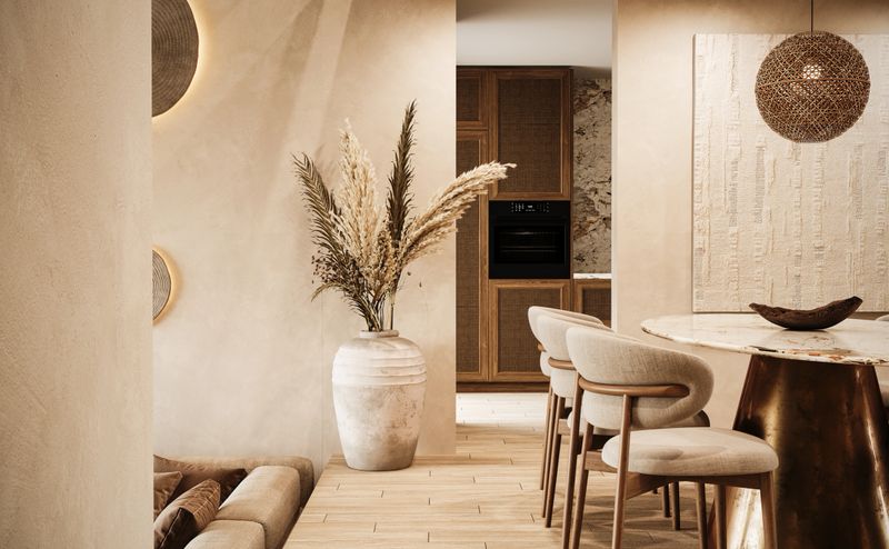 Boho home interior. Contemporary interior design of dining room. Modern house. 3D Rendering, 3D Illustration