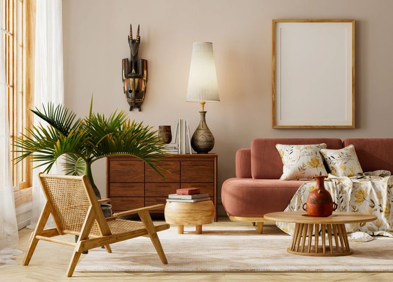 Japandi living room interior with terracotta sofa, wooden coffee table, indoor plant, floor lamp and cozy neutral decor, mock up poster frame in modern living room. 3D illustration