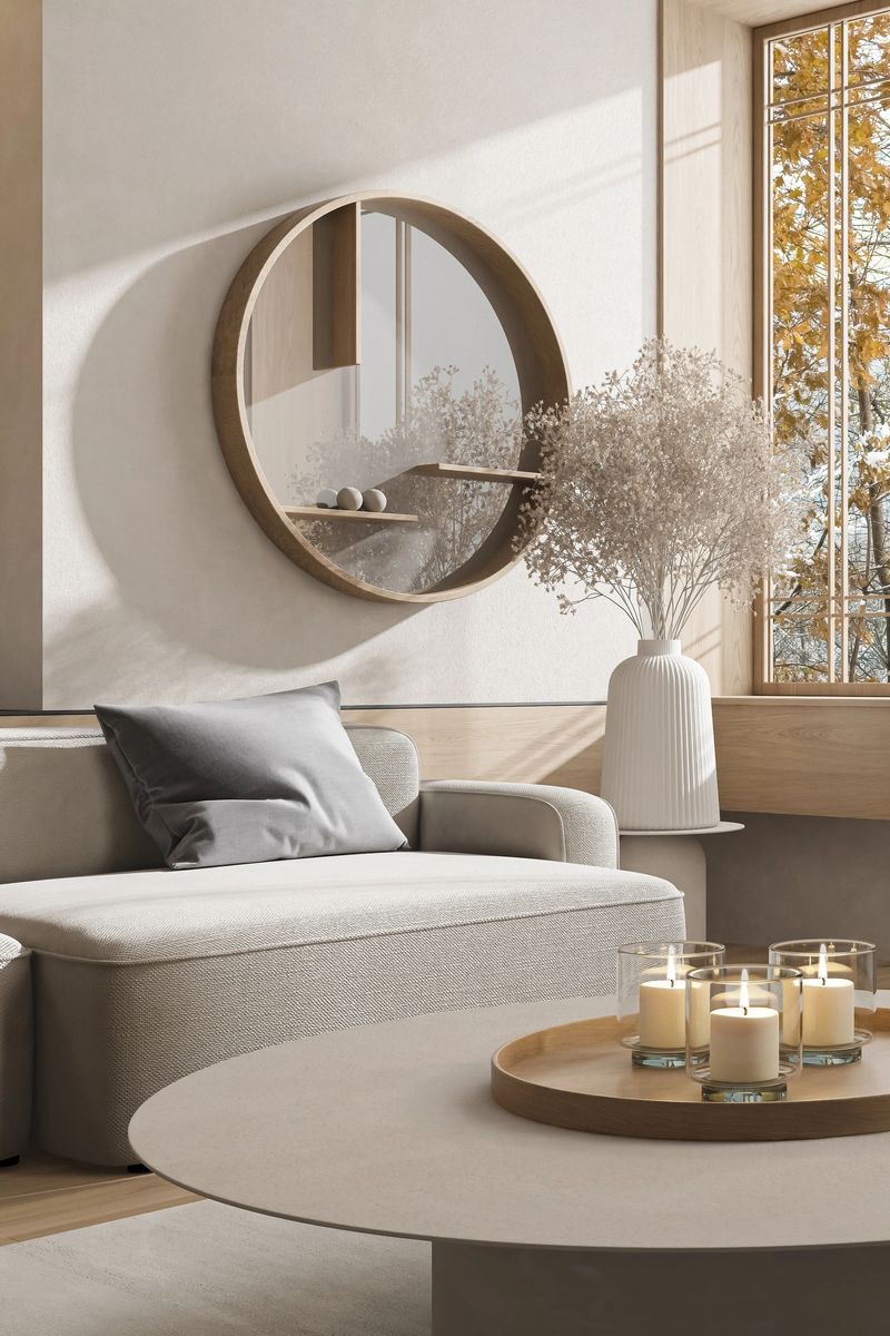 A Japandi modern style living space that blends minimalist Japanese design with Scandinavian warmth, illuminated by soft natural daylight and sun rays. The interior features a refined mix of concrete, stone, pine wood, and neutral textiles, arranged with clean lines and organic balance. Circular forms, textured surfaces, and curated decorative elements contribute to a serene and functional aesthetic. Hidden LED accents complement the sunlight, enhancing architectural details without overpowering the calm atmosphere. This image is ideal for illustrating modern interior design, lifestyle features on simple living, or visual content focused on wellness, natural materials, and daylight-optimized home environments.