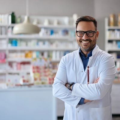 Smiling pharmacist in white coat standing confidently in a pharmacy.