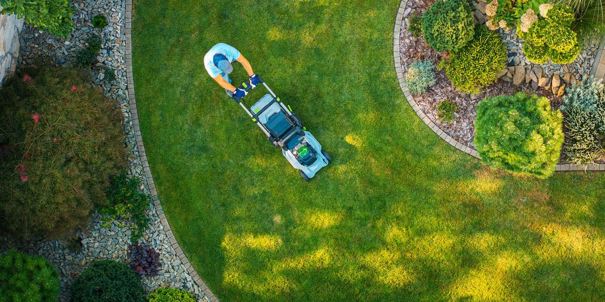 Top view of a person mowing a lawn with a lawn mower.