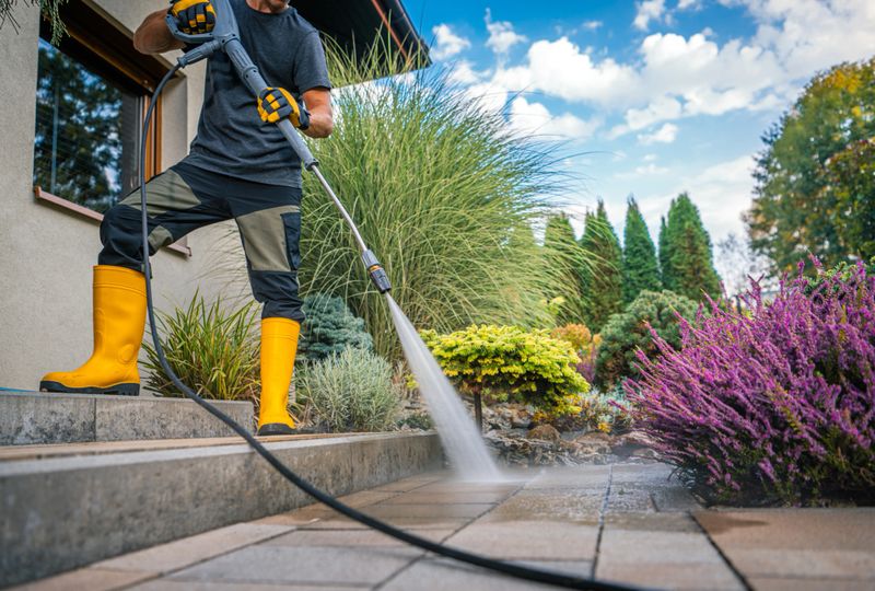 A man wearing a black shirt and yellow boots uses a pressure washer to clean a patio surrounded by colorful shrubs and flowers. The sky is bright and clear, enhancing the scene.