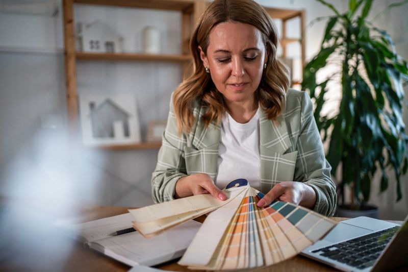 Mid-40s interior designer in her home office comparing color swatches and samples, focused on planning a renovation project with laptop, house model and desk layout