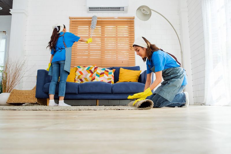 Two professional cleaners in blue uniforms dust and wipe a bright modern living room, wearing gloves and aprons near a blue sofa and wooden blinds, showcasing home cleaning service.