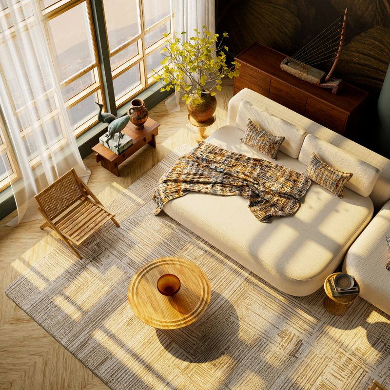 Cozy japandi living room interior filled with natural sunlight, featuring warm earthy palette, wooden furniture and tranquil atmosphere. 3D illustration.