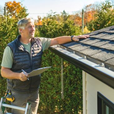 Man inspecting a house roof with a clipboard outdoors.