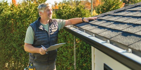 Man inspecting roof with clipboard in hand.
