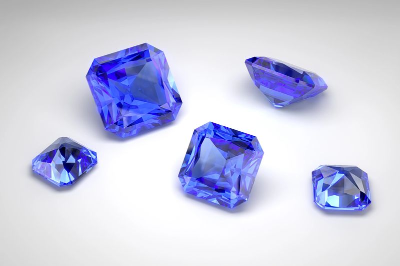 Scattering of blue sapphires of different sizes on the white background. Exhibition of precious stones. Radiant cut. 3d rendering.