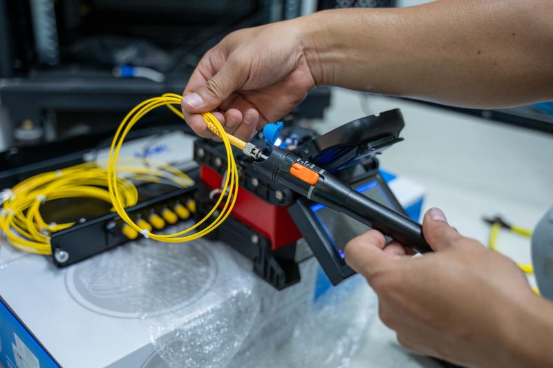Technician working with a fiber optic fusion splicer to connect and align optical fiber cables high-speed internet technology telecommunications installation and data transmission equipment.
