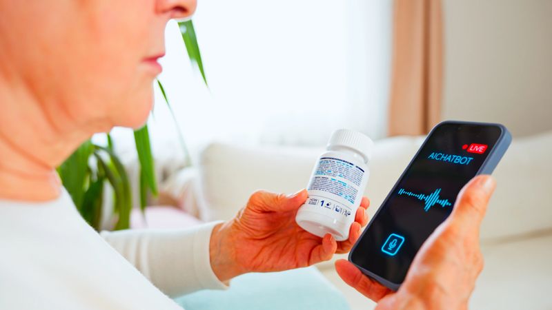 An elderly woman sitting on a sofa is holding a blister pack of pills in one hand and a smartphone in the other. The phone screen displays an AI chatbot interface with a voice wave graphic, suggesting she is communicating with a digital assistant for medical or health-related guidance. The scene represents telemedicine, artificial intelligence in healthcare, and elderly people using technology for medication management and remote support. Ideal for themes such as digital health, senior lifestyle, smart technology, online healthcare, and independent living.