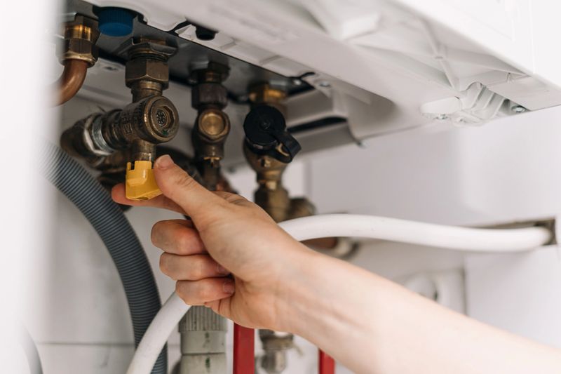 A repairman is closes the water valve on a modern gas boiler in a bathroom. Plumber or professional handyman focuses on solving the problem efficiently with new household appliances