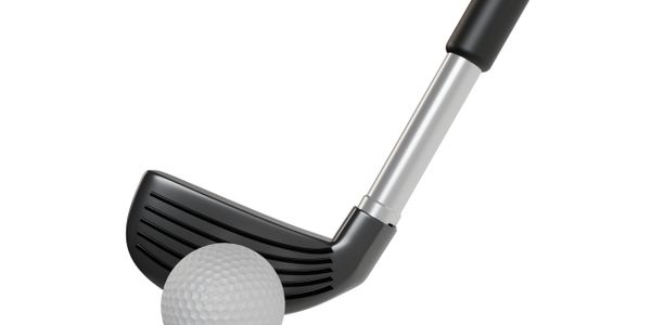 Golf club and ball ready for a swing on a white background.