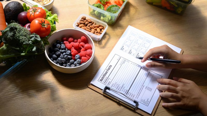 Nutritionist writing a healthy meal plan with fresh fruits, vegetables, and nuts on the table.