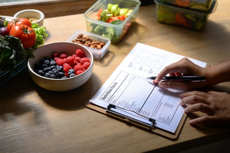 Nutritionist writing a healthy meal plan with fresh fruits, vegetables, and nuts on the table.