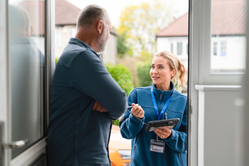 A service provider stands at the doorway of a house, engaging in conversation with a homeowner. They appear to be discussing repairs while referencing a tablet.