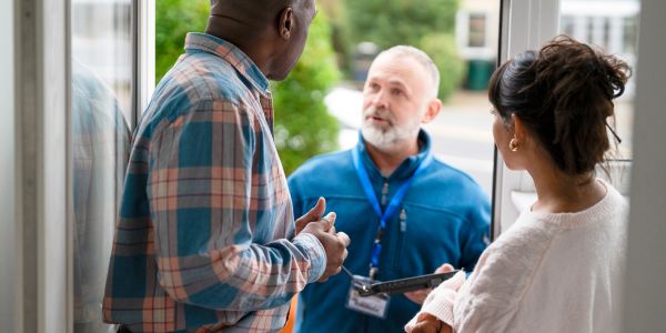 Technician talking to homeowners at the doorstep.