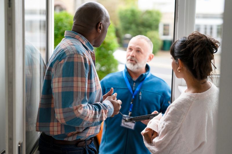 A service representative is speaking to two residents at their home, providing assistance and answering questions during a clear daytime.