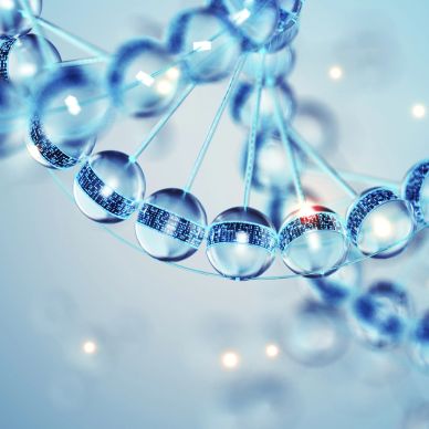 3D DNA strand with digital code elements.