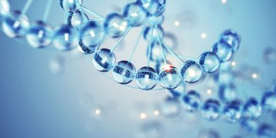 Close-up of a DNA double helix structure.