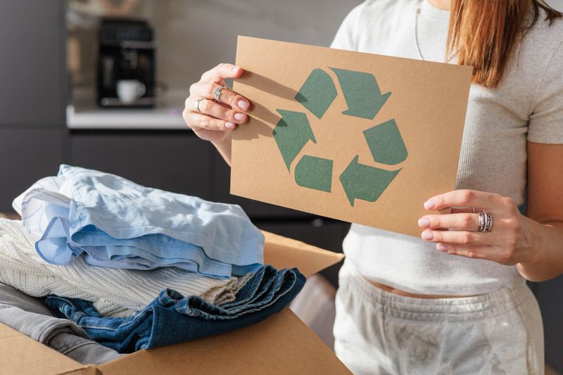 Female hands holding signboard textile clothes recycling reusing zero waste closeup. Woman with board pile clothing material reuse eco friendly global pollution responsibility biodegradable technology