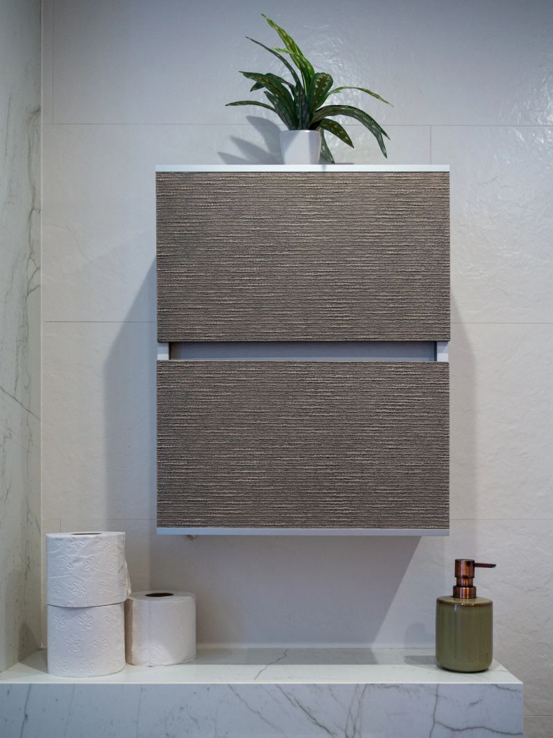 Modern Bathroom Shelf with Decorative Plant and Toilet Paper Rolls. Neutral tone bath with wall cabinet with soap dispenser and hygiene essentials. Interior design.