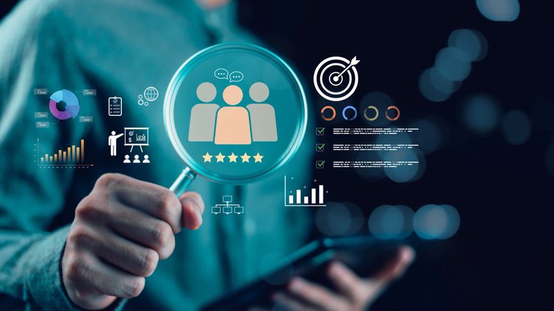 Concept of insight-driven marketing and data intelligence symbolizing research, customer focus, and innovation in business strategy for enhancing engagement, performance, and growth.