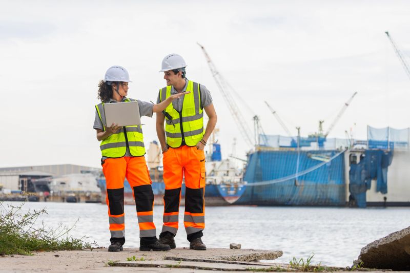 Industrial Engineers Discussing Project at Commercial Shipyard, Female and Male Construction Workers Reviewing Plans at Port, Professionals in High-Visibility Vests Overseeing Maritime Operations