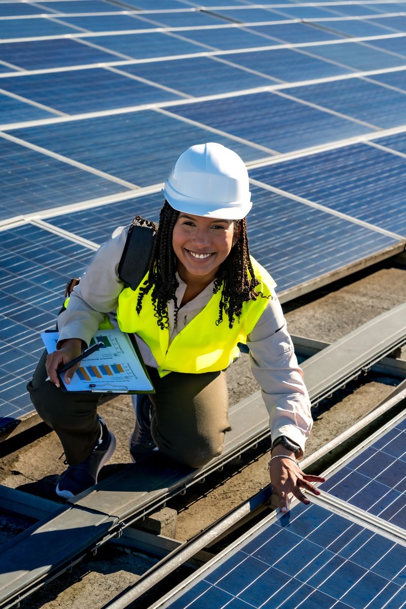 Young woman engineer in hard hat and safety vest kneeling on a rooftop, smiling while inspecting solar panels and recording data on a clipboard under blue sky