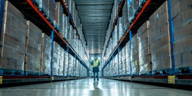Worker inspecting stocked warehouse aisles.