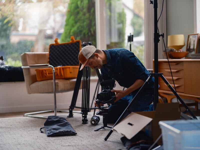 Cinematographer adjusting camera slider mechanism while kneeling during cinematic production preparation