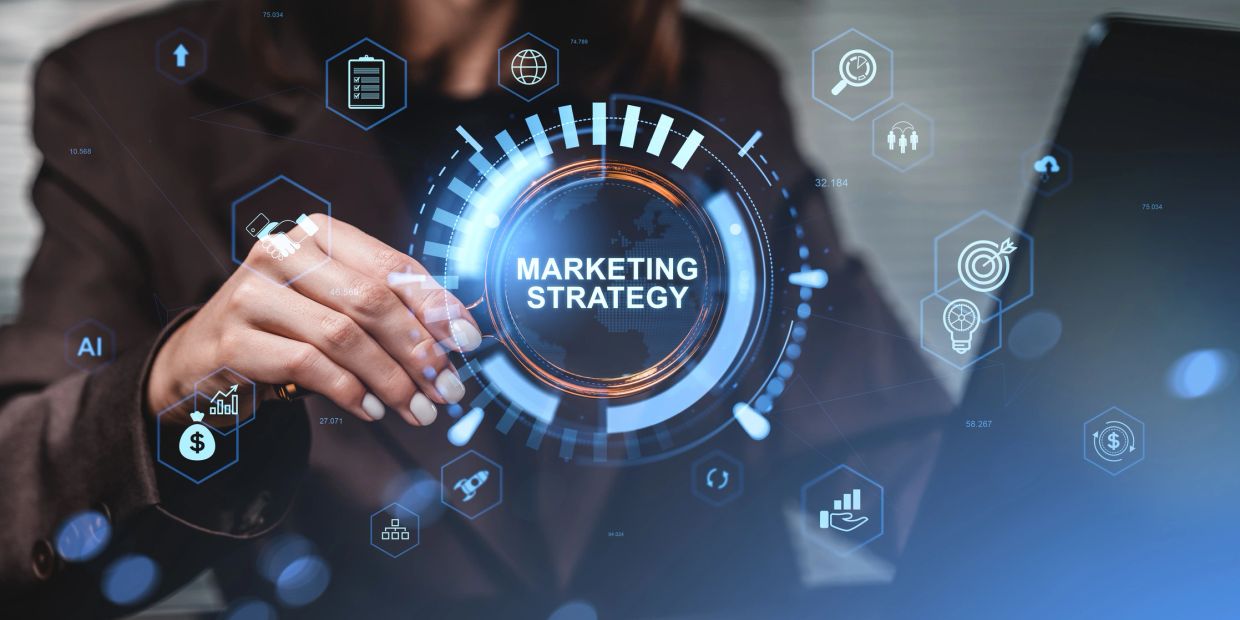Person interacting with a digital marketing strategy interface.