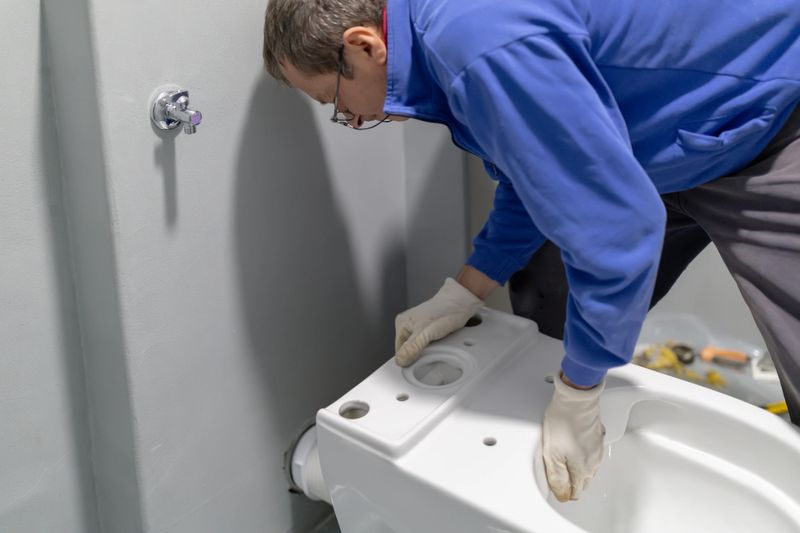 Plumber hands in protective gloves are meticulously connecting a flexible pipe to the rear of a white ceramic toilet bowl, performing a new bathroom plumbing installation. Builders apartment improvement or restoration works