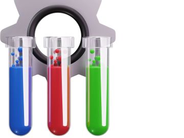 Three test tubes with blue, red, and green liquids.