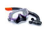 A purple snorkel mask with a black mouthpiece and orange tip.