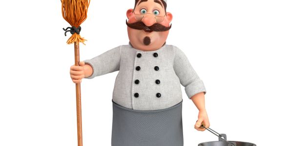 Cartoon chef holding a broom and metal bucket.