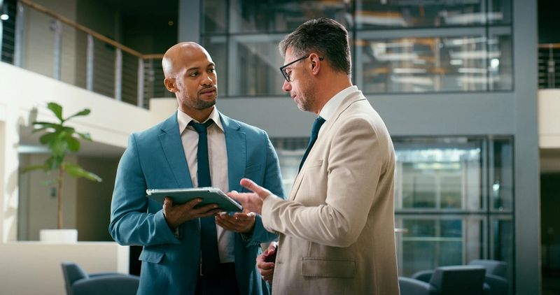 Business, men or tablet with advice in office lobby for legal research, contract feedback or chat. Attorney, teamwork or tech with talking at law firm for lawsuit update, evidence review or planning