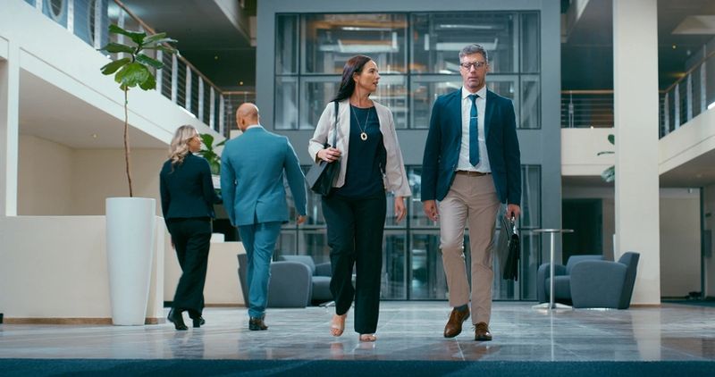 Business, walking and people with talking in office for lawsuit briefing, court meeting and chat. Lawyer team, attorney and arrival at law firm for legal representation, case discussion and feedback