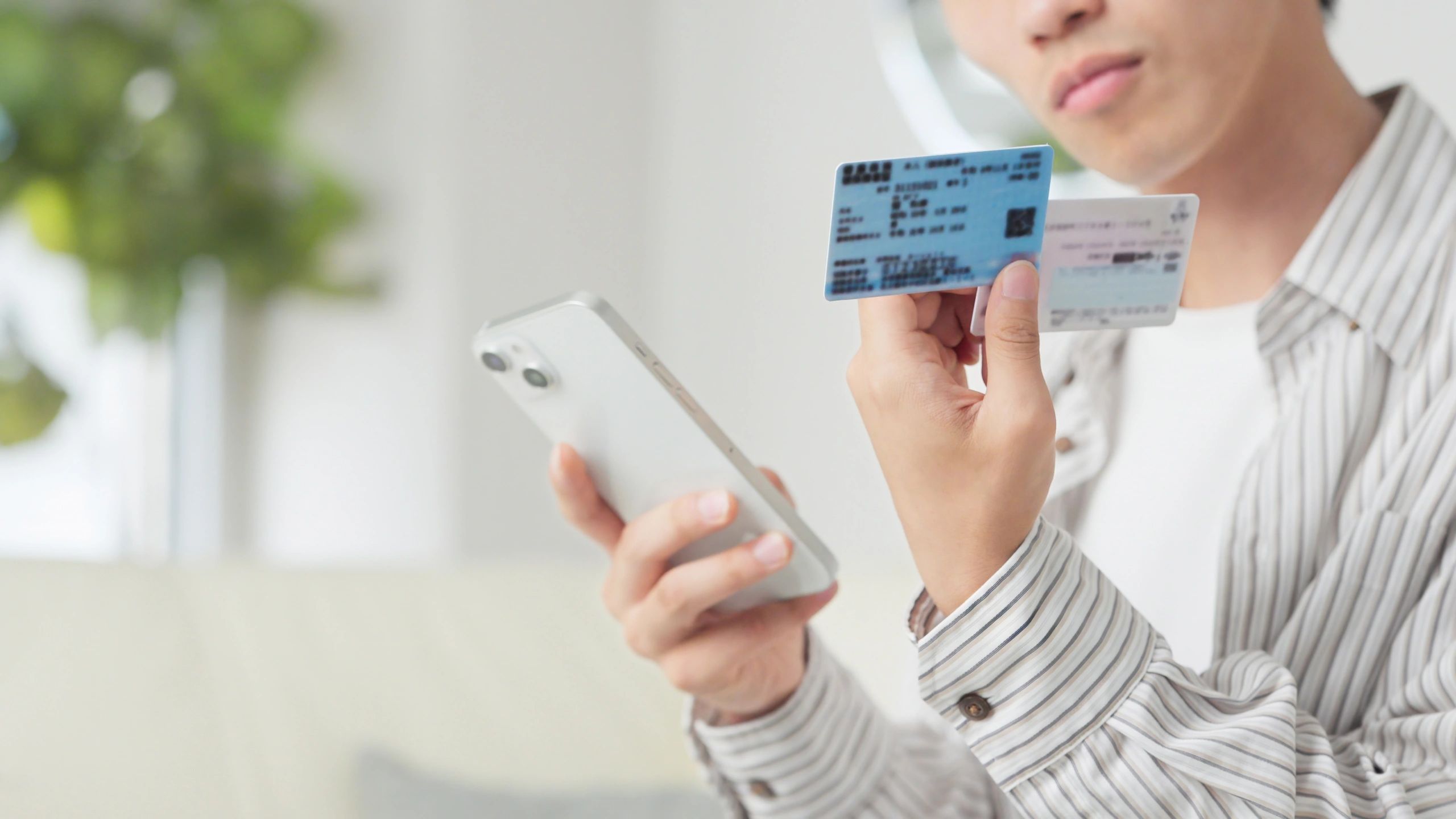 Person holding two cards and a smartphone.