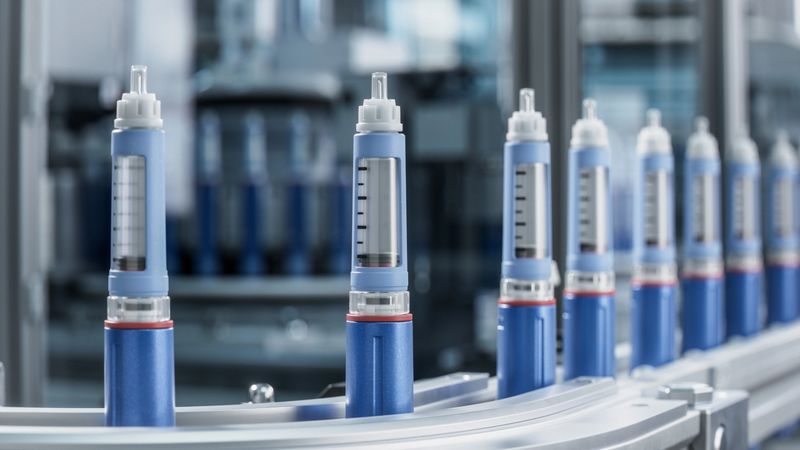 Close-up Medical Injector Pens on Conveyor Belt at Modern Pharmaceutical Factory. Insulin Pen on Production Line. Weight Loss Medication Manufacturing. Medical Drug Production Plant.