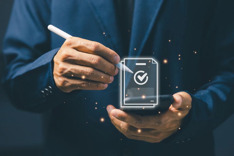 A businessman holding a smartphone and signing a virtual document with a check mark icon, symbolizing digital approval, e-signature, and paperless business solutions in modern technology.