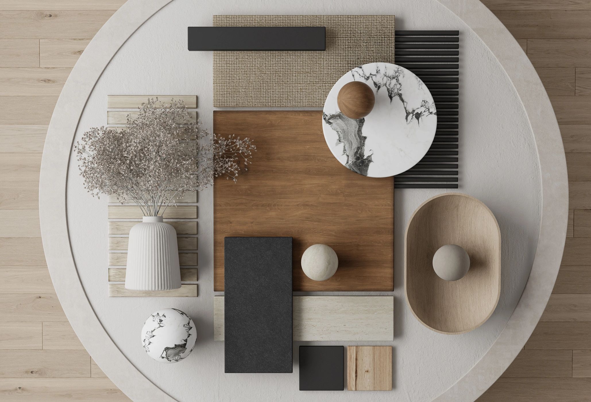Composição minimalista com formas geométricas e diferentes texturas.