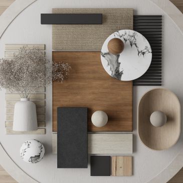 Modern abstract arrangement of geometric shapes and natural textures.