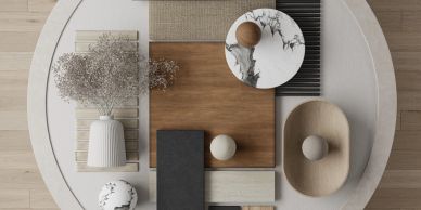 Modern minimalist flat lay with natural textures and geometric shapes.