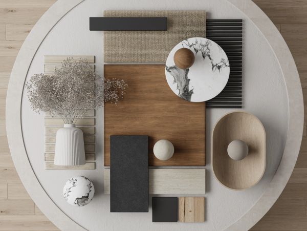 Top view of modern decor items arranged geometrically on a round table.