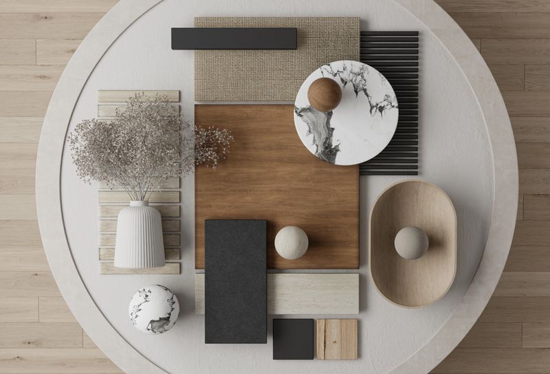 A flat lay composition showcasing a curated selection of Japandi-style and Scandinavia materials and textures. The arrangement includes light pine wood samples, natural stone, marble, and warm wood paneling pieces, complemented by minimal decor elements. All items are displayed from a top view on a round stone table, reflecting the calm, natural, and balanced aesthetic typical of Japandi interior design. Perfect for illustrating modern interior concepts, material inspiration, or moodboard presentations.