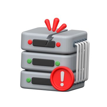 Stacked servers with warning signs and a crack, indicating a server malfunction.