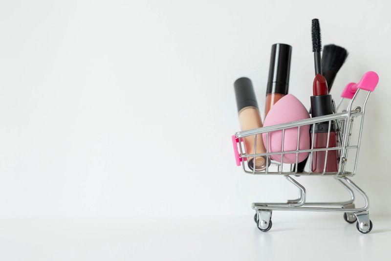 Makeup products stacked in shopping chart for shopping concept